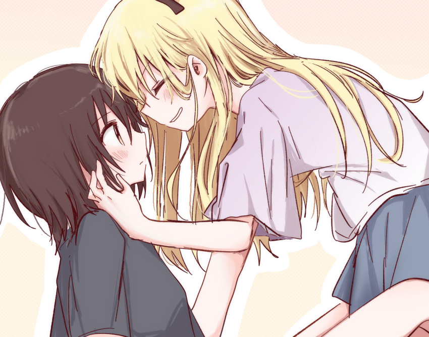 2girls, between_legs, blonde_hair, blush, bow, brown_bow, brown_eyes, brown_hair
