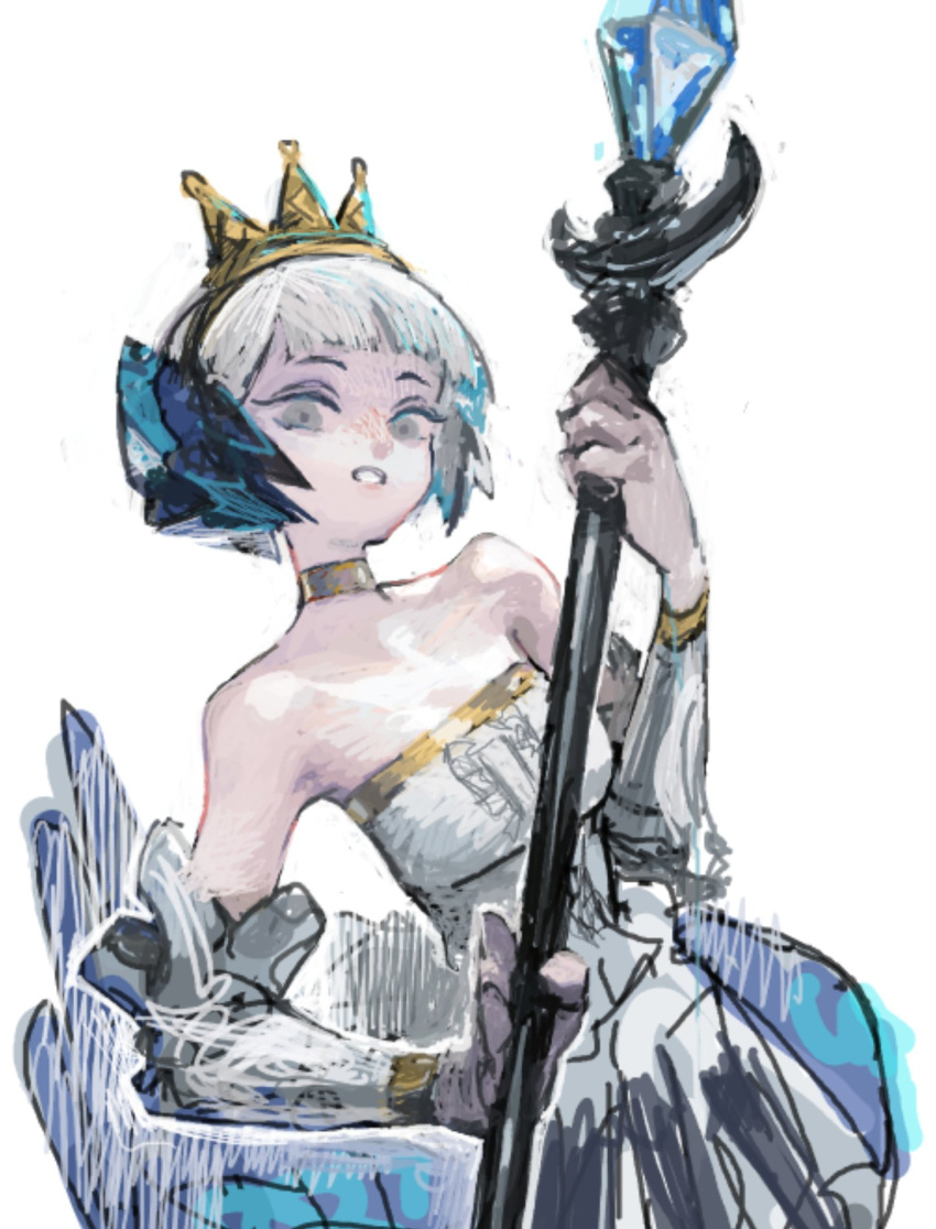 1girl, arched_crown, bare_shoulders, crown, detached_sleeves, dress, eyelashes, gold_choker