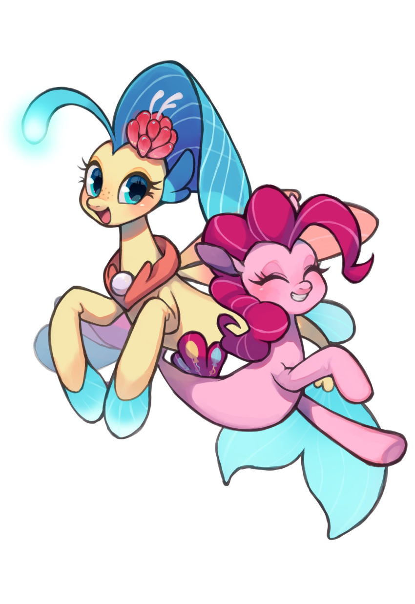 ^_^, animal_focus, blue_eyes, blue_hair, closed_eyes, creature, creature_focus, curly_hair, cutie_mark, fantasy, fins, fish, fish_tail, flower, hair_flower, hair_ornament, highres, hooves, ikirunosindo, long_hair, my_little_pony, my_little_pony:_friendship_is_magic, my_little_pony:_the_movie_(2017), no_humans, pink_flower, pink_hair, pinkie_pie, pinkie_pie_(seapony), seahorse, simple_background, skystar_(my_little_pony), skystar_(seapony)_(my_little_pony), smile, tail, variant_set, white_background