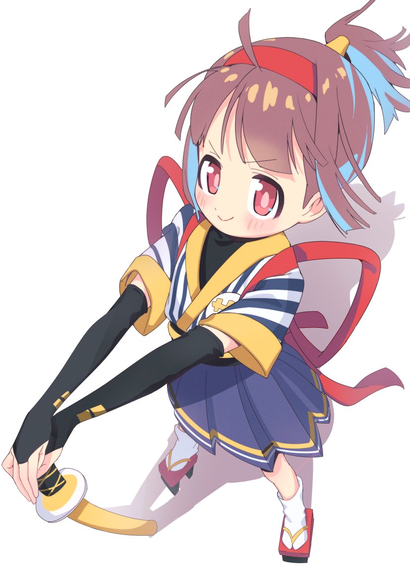 1girl, black_gloves, blue_hair, bridal_gauntlets, brown_eyes, brown_hair, commentary, cosplay