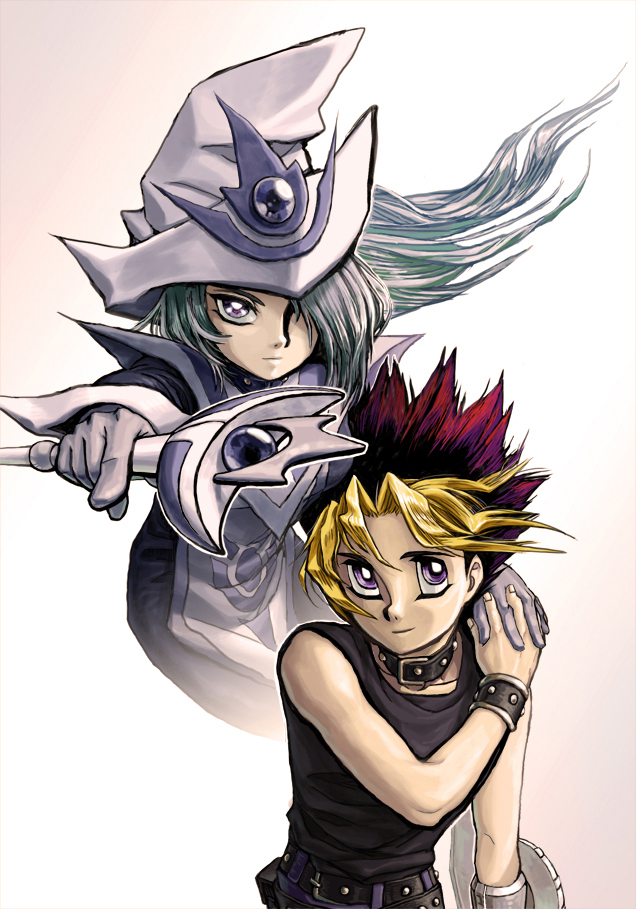 1boy, 1girl, black_choker, black_shirt, choker, duel_disk, duel_monster, gloves