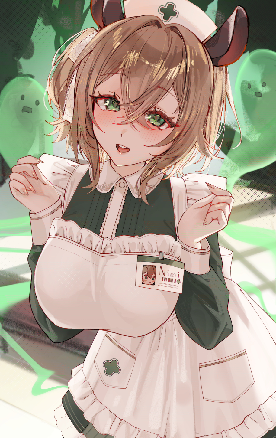1girl, animal_ears, apron, breasts, brown_hair, commentary, dress, fingernails