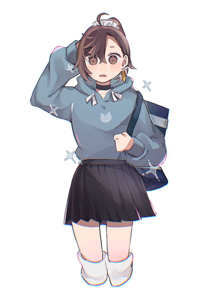1girl, alternate_costume, arm_behind_head, arm_up, ayase_momo, bag, black_choker, black_skirt