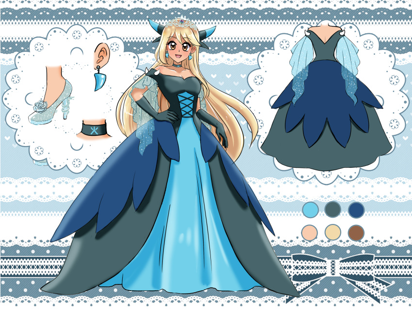 1girl, blonde_hair, brown_eyes, charizard, choker, cosplay, dress, earrings