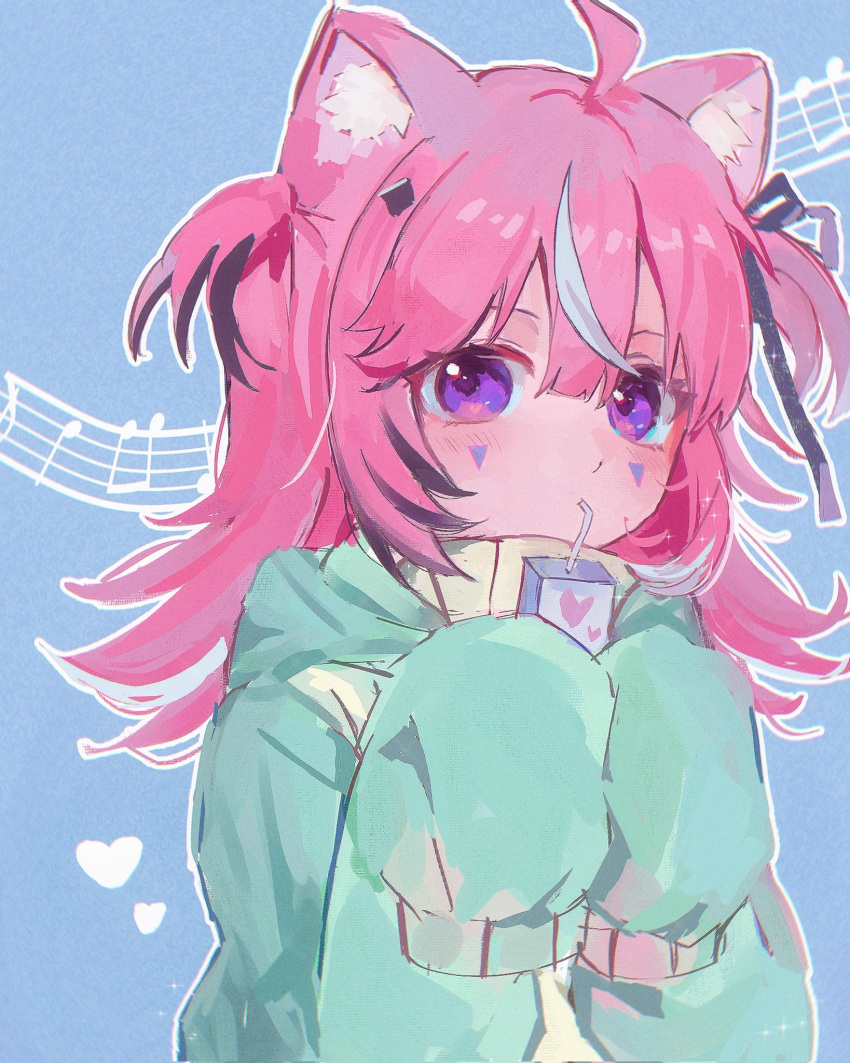 1girl, ahoge, animal_ear_fluff, animal_ears, aqua_hoodie, beamed_eighth_notes, black_ribbon, blue_background