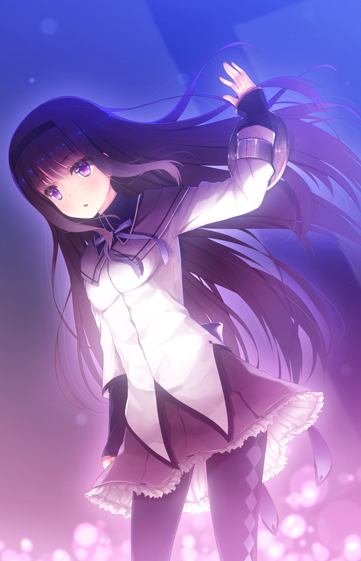 akemi_homura, arms_up, black_hair, black_legwear, black_pantyhose, blush, hair_flip, hairband
