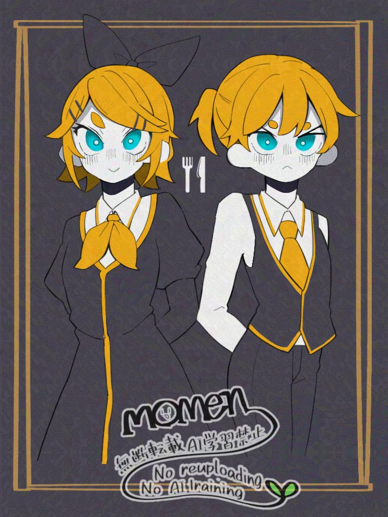 1boy, 1girl, :>, :<, akujiki_musume_conchita_(vocaloid), aqua_eyes, arms_behind_back, arte_(evillious_nendaiki), artist_name, black_bow, black_dress, black_pants, black_vest, blonde_hair, blush, bow, brother_and_sister, collared_shirt, colored_skin, cutlery, dress, evillious_nendaiki, fork, hair_bow, hair_ornament, hairclip, juliet_sleeves, knife, limited_palette, long_sleeves, momen_zzz, neckerchief, necktie, pale_skin, pants, pinafore_dress, pollo_(evillious_nendaiki), ponytail, puffy_sleeves, serios, shirt, short_hair, short_ponytail, siblings, sleeveless, sleeveless_dress, sleeveless_vest, smile, swept_bangs, twins, vest, vocaloid, white_shirt, white_skin, yellow_neckerchief, yellow_necktie