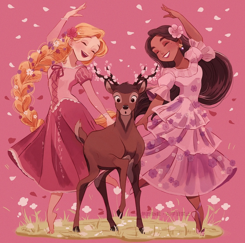 1boy, 2girls, bambi_(deer), bambi_(movie), blonde_hair, brown_hair, colombian_clothes, company_connection
