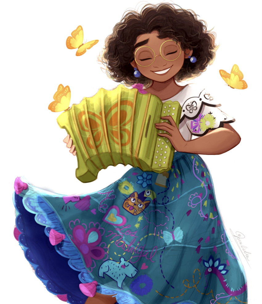 1girl, aqua_skirt, brown_hair, colombian_clothes, curly_hair, dark-skinned_female, dark_skin, earrings