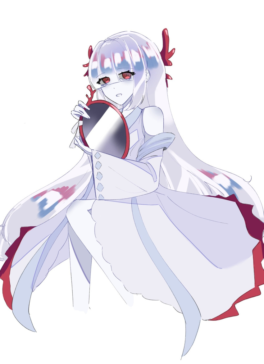 1girl, agar_agar_cookie, colored_skin, cookie_run, cookie_run:_kingdom, dress, highres, hime_cut, holding, holding_mirror, humanization, long_hair, looking_at_viewer, mirror, nail_polish, open_mouth, red_eyes, saeng_choco, slime_(substance), smile, solo, straight_hair, white_hair, white_skin