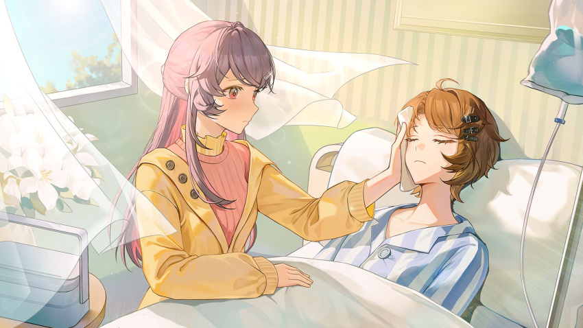 2girls, ahoge, bed, blanket, blue_sky, brown_hair, buttons, closed_eyes