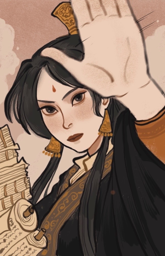 1girl, black_hair, black_hanfu, book, brown_eyes, brown_trim, chinese_clothes, closed_mouth