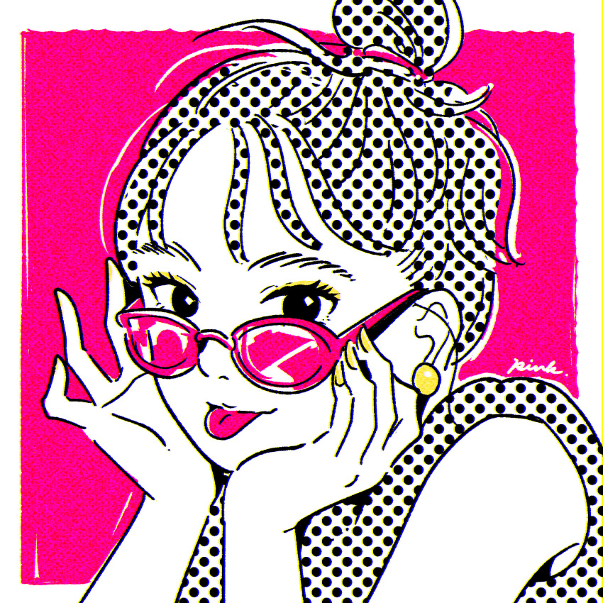 1girl, :p, border, commentary, earrings, eyeshadow, glasses, hair_bun