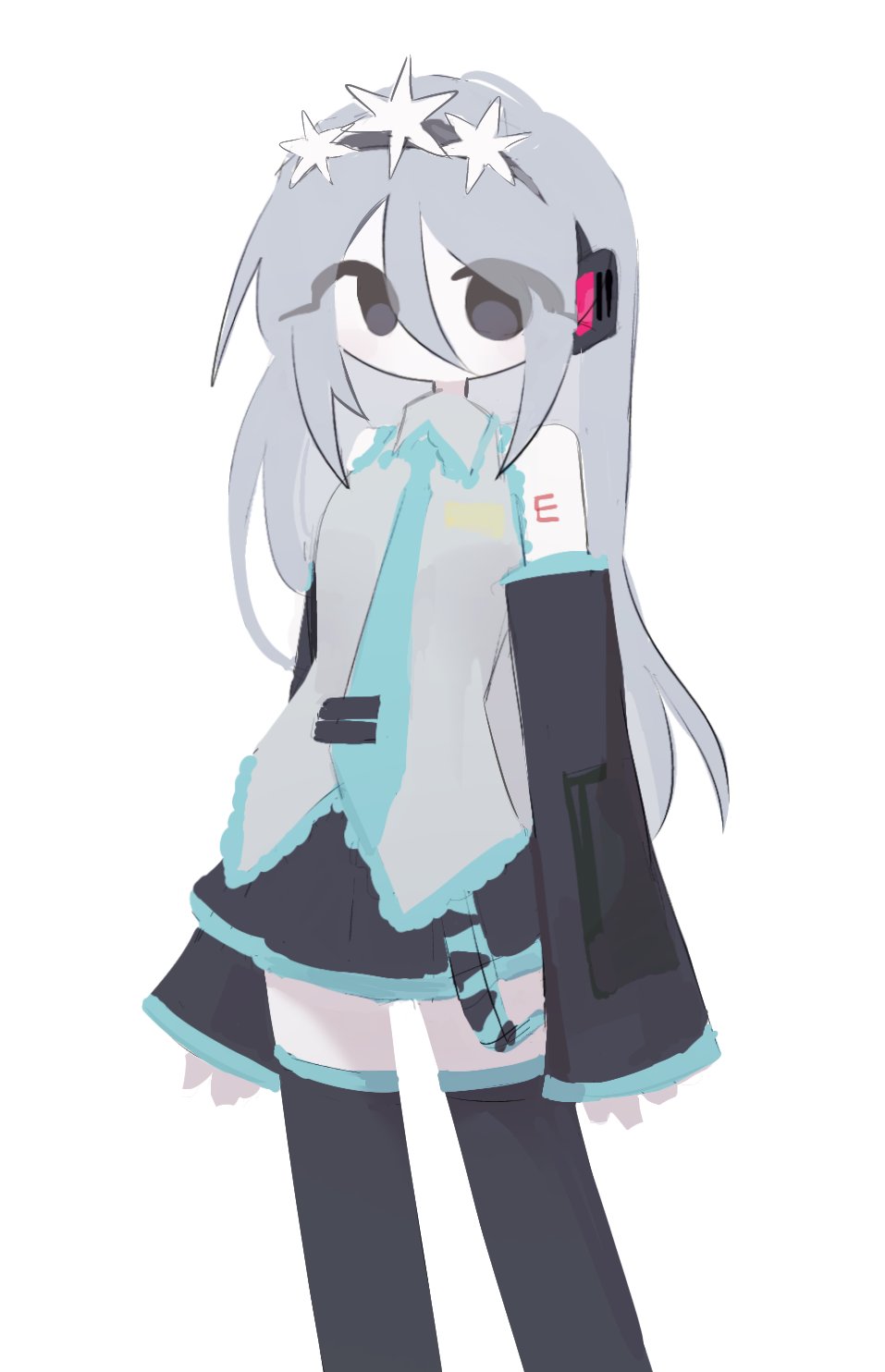 1girl, aqua_necktie, black_skirt, black_sleeves, black_thighhighs, collared_shirt, dream_game, eunoia_(dream_game), grey_eyes, grey_hair, grey_shirt, highres, kkongchi1167263, long_hair, looking_at_viewer, necktie, pleated_skirt, roblox, shirt, skirt, solo, thigh-highs