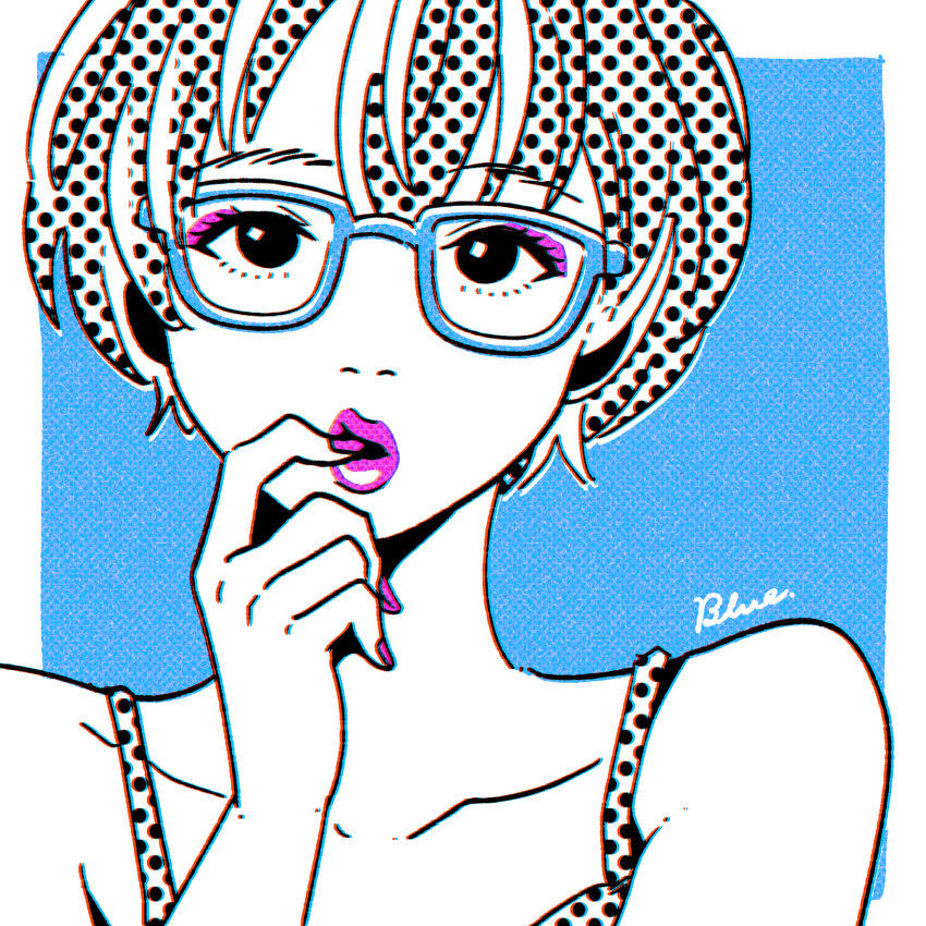 1girl, blue_background, border, commentary, english_commentary, eyeshadow, glasses, highres
