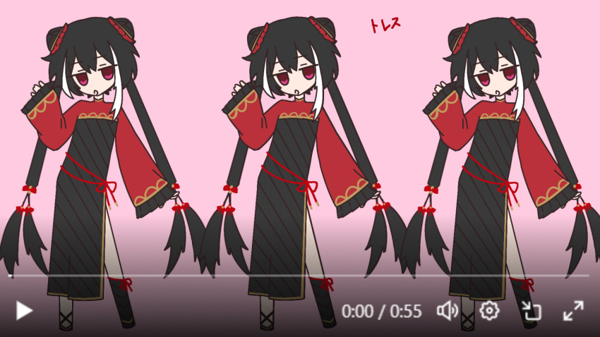 1girl, black_dress, black_hair, channel_(caststation)_(style), double_bun, dress, frilled_sleeves, frills