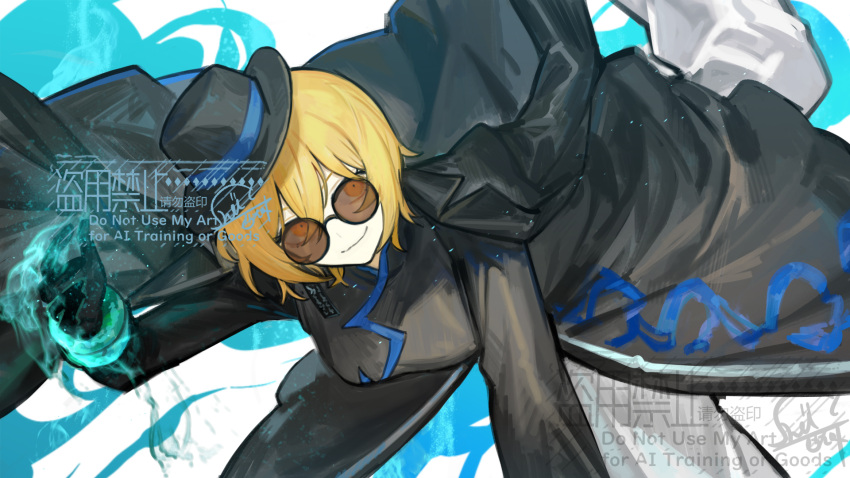1girl, black_coat, black_hat, black_jacket, blonde_hair, chinese_clothes, cinq_east_(identity)_(project_moon), closed_mouth