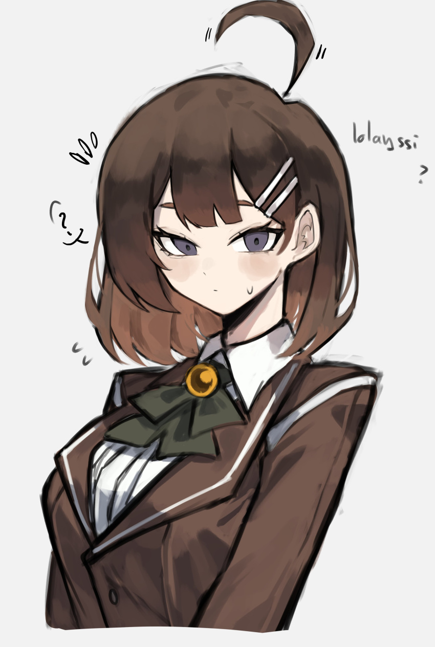 1girl, absurdres, ahoge, blue_eyes, bow, bowtie, brooch, brown_coat
