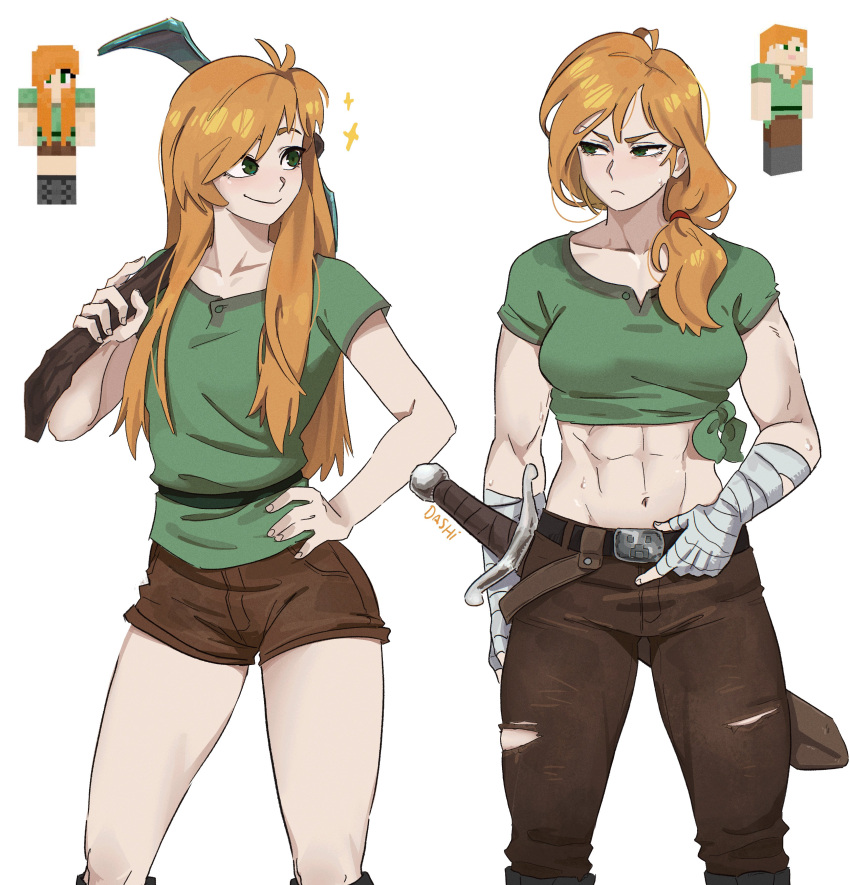 abs, absurdres, alex_(minecraft), artist_name, belt, box_body, breasts, brown_pants
