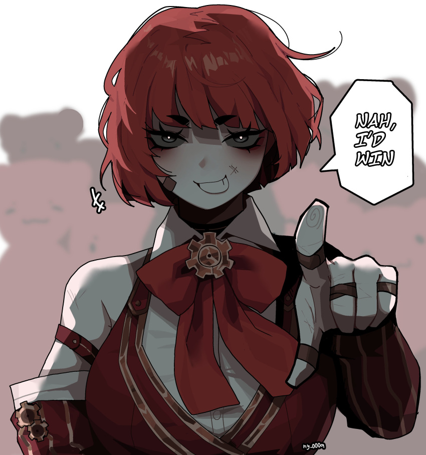 1girl, absurdres, bare_shoulders, black_eyes, bow, bowtie, collared_shirt, detached_sleeves, gold_trim, grin, highres, index_finger_raised, jujutsu_kaisen, looking_at_viewer, meme, nah_i'd_win_(meme), ny_000a, pointing, pointing_at_viewer, project_moon, red_bow, red_bowtie, red_hair, red_vest, shirt, smile, solo, the_distortion_detective, upper_body, vest, white_shirt, wide-eyed, yuria_(project_moon)