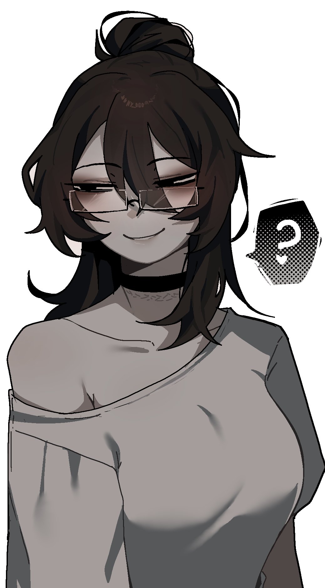 1girl, ?, black_eyes, black_hair, borrowed_character, breasts, closed_mouth, commentary