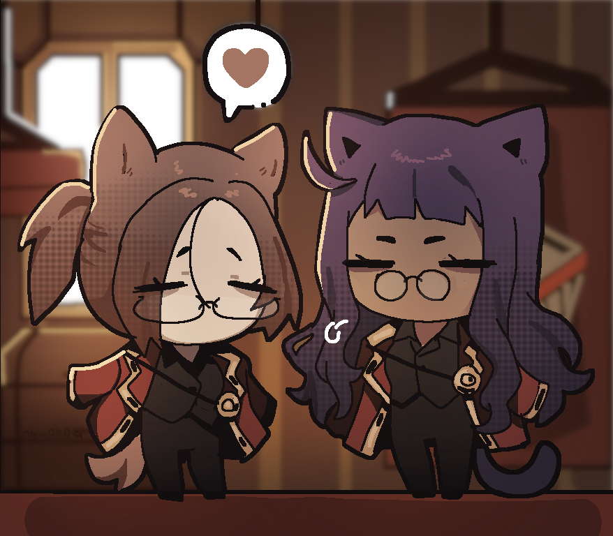 2girls, andrea_(ny_000a), animal_ears, black_pants, black_shirt, cat_ears, cat_girl, cat_tail