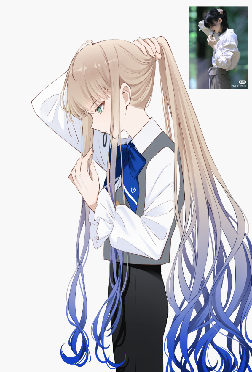 1boy, absurdres, black_pants, blonde_hair, blue_hair, blue_necktie, collared_shirt, facing_to_the_side