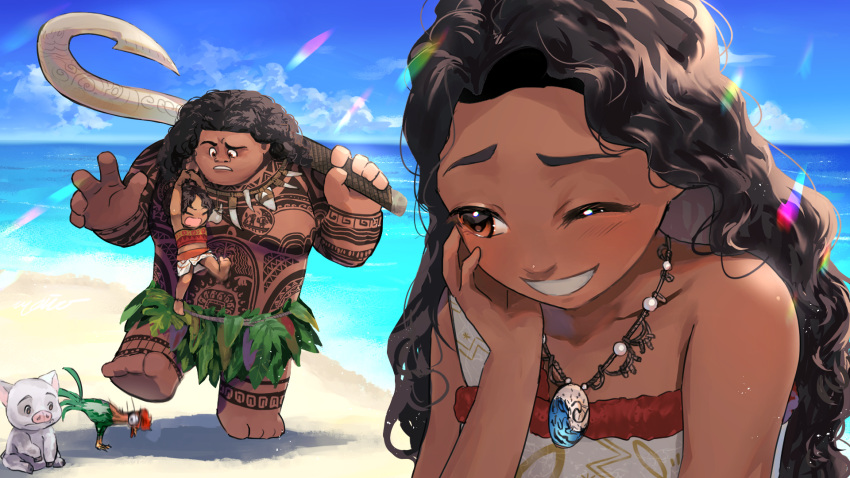 1boy, 1girl, bare_shoulders, barefoot, bird, black_hair, brown_eyes, brown_hair, chicken, curly_hair, dark-skinned_female, dark_skin, element_bending, flower, hair_flower, hair_ornament, heihei_(moana), highres, jewelry, leaf_skirt, long_hair, looking_at_viewer, maui_(moana), moana_(movie), moana_waialiki, monokuroheddohonn, necklace, orange_tank_top, orange_tube_top, pig, pua_(moana), smile, strapless, tank_top, tattoo, tattoo_sleeve, tribal_tattoo, tube_top, water