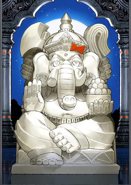 animal_head, bow, elephant, extra_arms, fate/grand_order, fate_(series), full_moon, game_cg, great_stone_statue_god_(fate), moon, no_humans, official_art, red_bow, statue, third-party_source, wada_arco