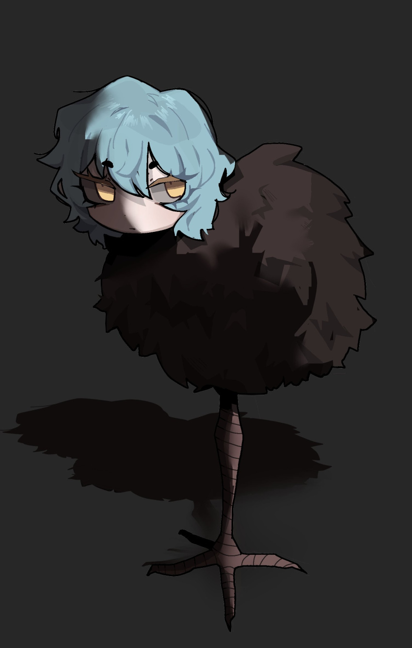 1girl, angela_(project_moon), bird_girl, closed_mouth, expressionless, full_body, grey_background, highres, library_of_ruina, looking_at_viewer, looking_to_the_side, ny_000a, project_moon, pukeko, shadow, short_hair, simple_background, solo