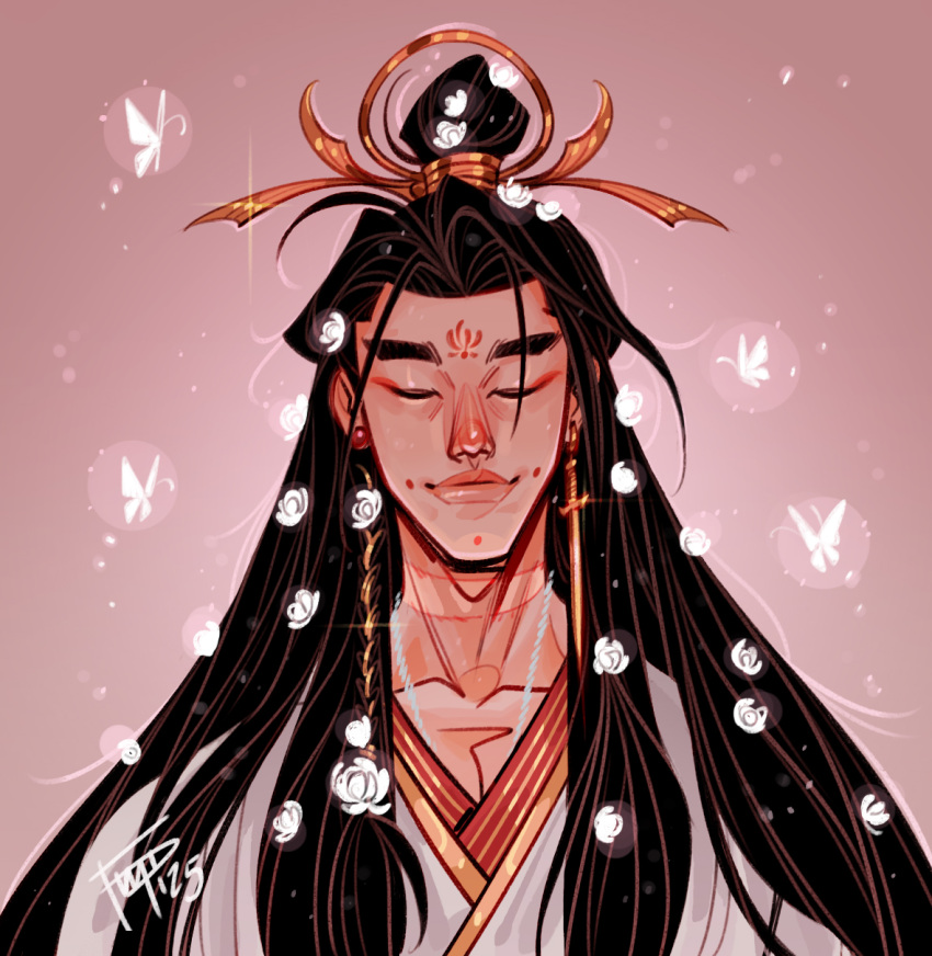 1boy, black_hair, braid, bug, butterfly, chinese_clothes, closed_eyes, commentary
