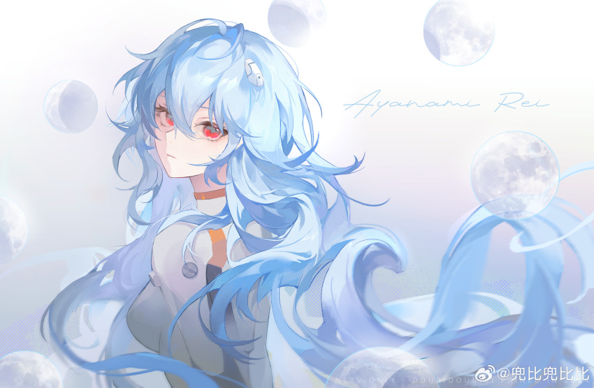 1girl, absurdres, alternate_hair_length, alternate_hairstyle, ayanami_rei, blue_hair, bodysuit, breasts