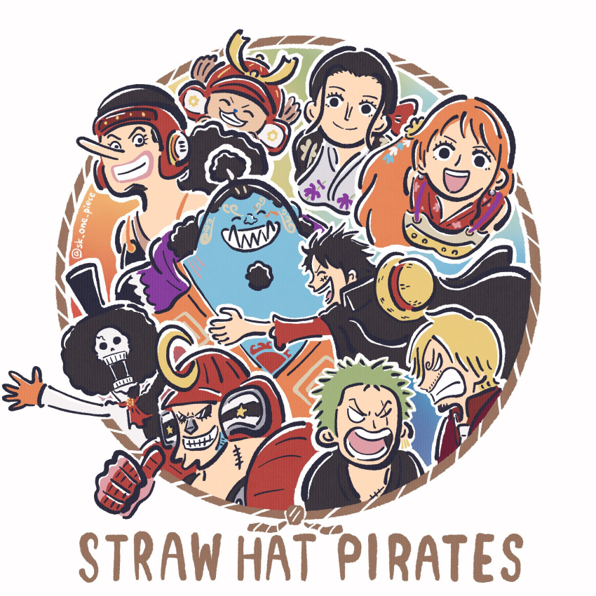 2girls, 6+boys, angry, black_hair, blonde_hair, blue_skin, brook_(one_piece), chibi