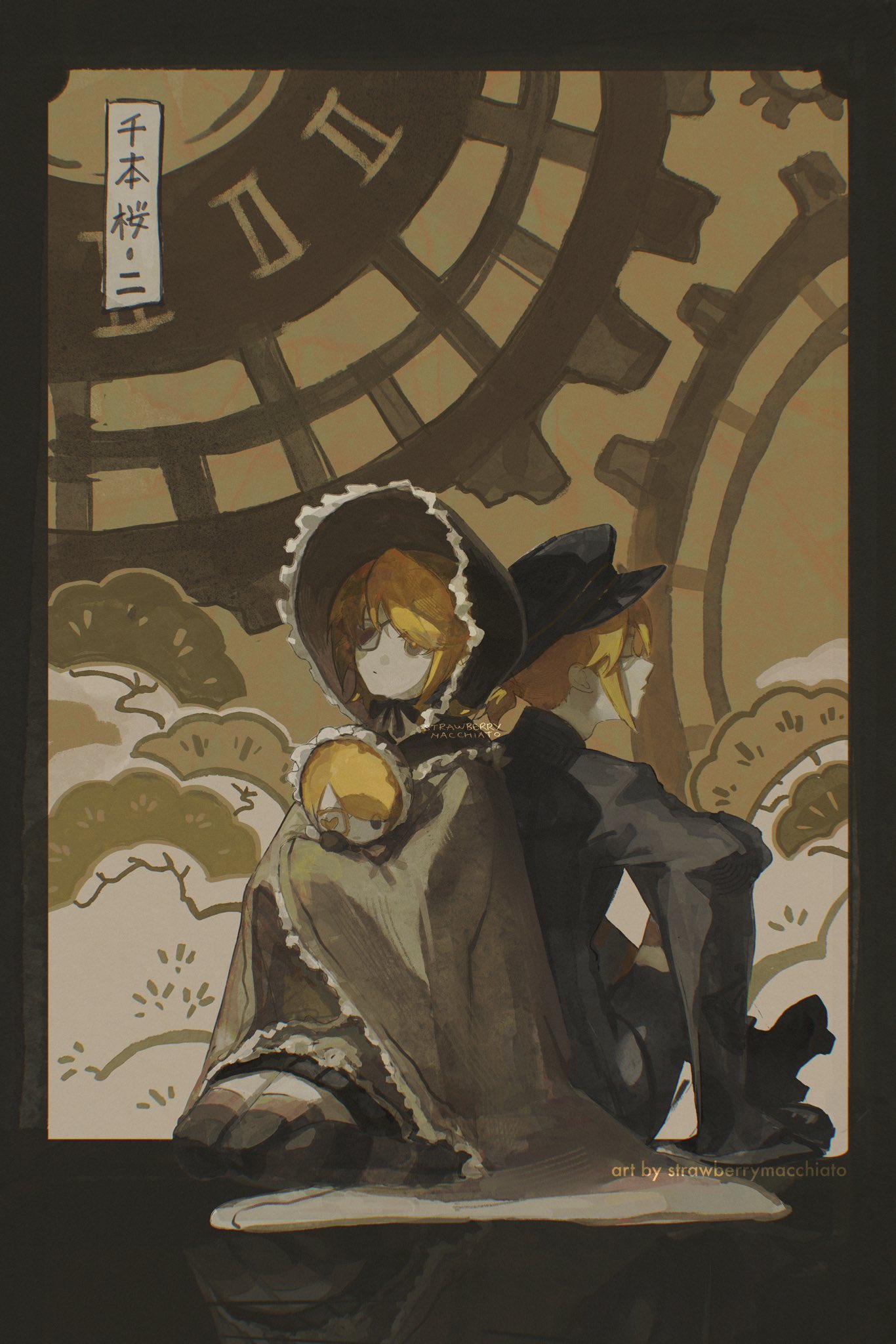 1boy, 1girl, black_bonnet, black_hair, black_shirt, black_skirt, blonde_hair, bonnet