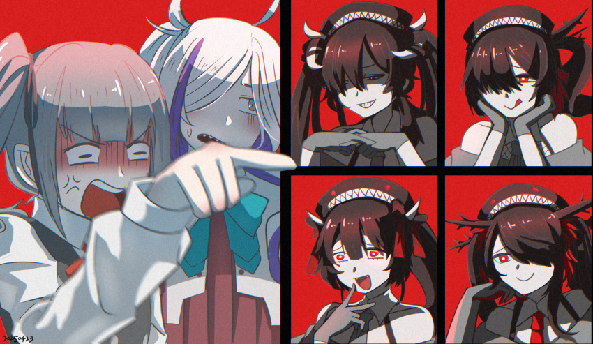 6+girls, abyssal_ship, ahoge, anger_vein, aqua_bow, asashimo_(kancolle), asashimo_kai_ni_(kancolle), bare_shoulders