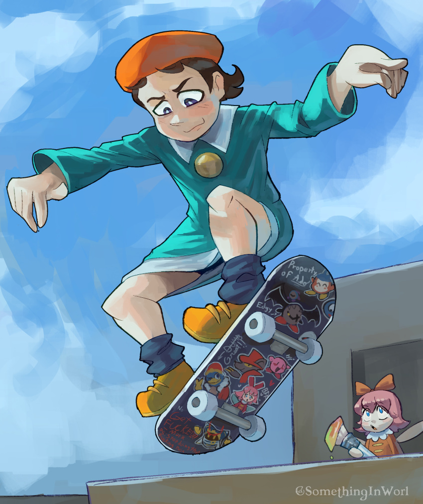 2girls, adeleine, bandana_waddle_dee, black_hair, blue_sky, brown_shoes, dark_meta_knight, daroach