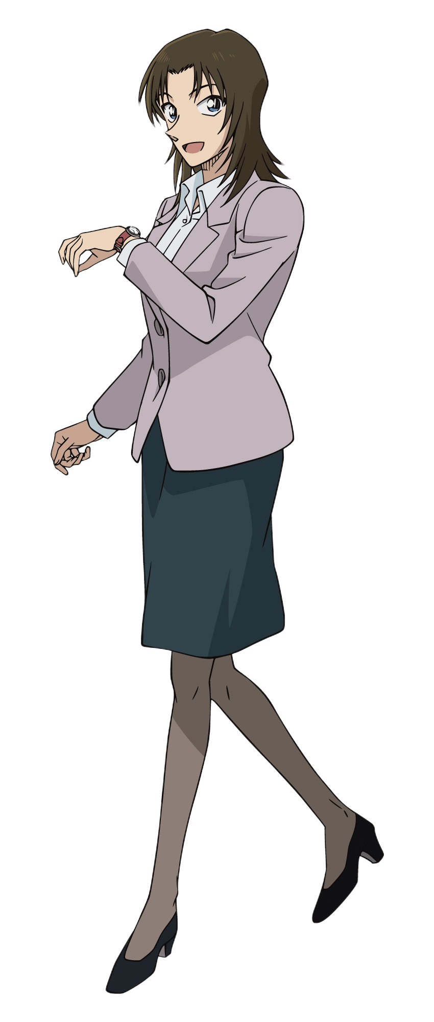 1girl, :d, black_hair, black_shoes, block_heels, blue_eyes, collared_shirt, full_body, green_skirt, grey_jacket, grey_pantyhose, highres, jacket, kuriyama_midori, long_sleeves, looking_at_viewer, looking_to_the_side, medium_hair, medium_skirt, meitantei_conan, official_art, open_mouth, pantyhose, pencil_skirt, shirt, shoes, simple_background, skirt, smile, solo, standing, three_quarter_view, transparent_background, watch, watch, white_shirt