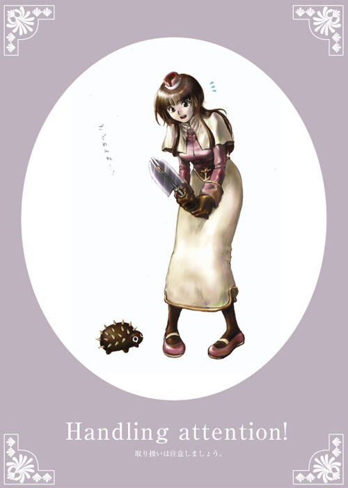 1girl, acolyte_(ragnarok_online), akanka, biretta, black_eyes, brown_gloves, brown_hair, brown_hat