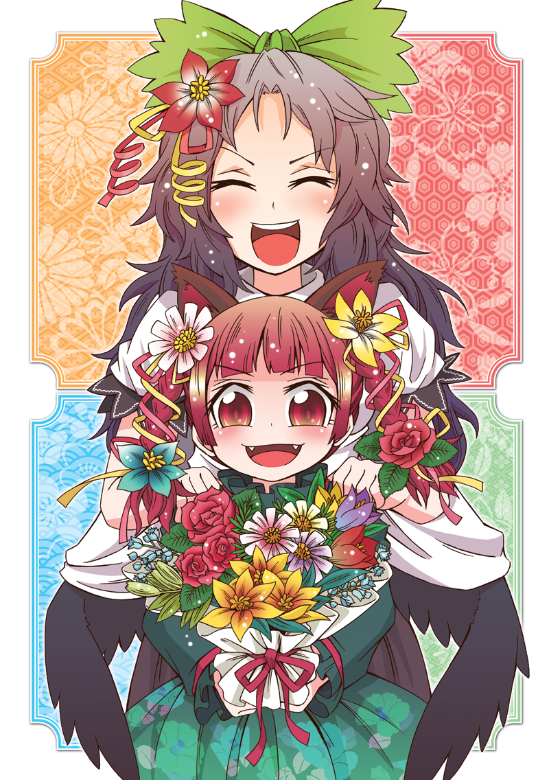 animal_ears, bow, braid, cat_ears, emu_(toran), flower, hair_bow, kaenbyou_rin