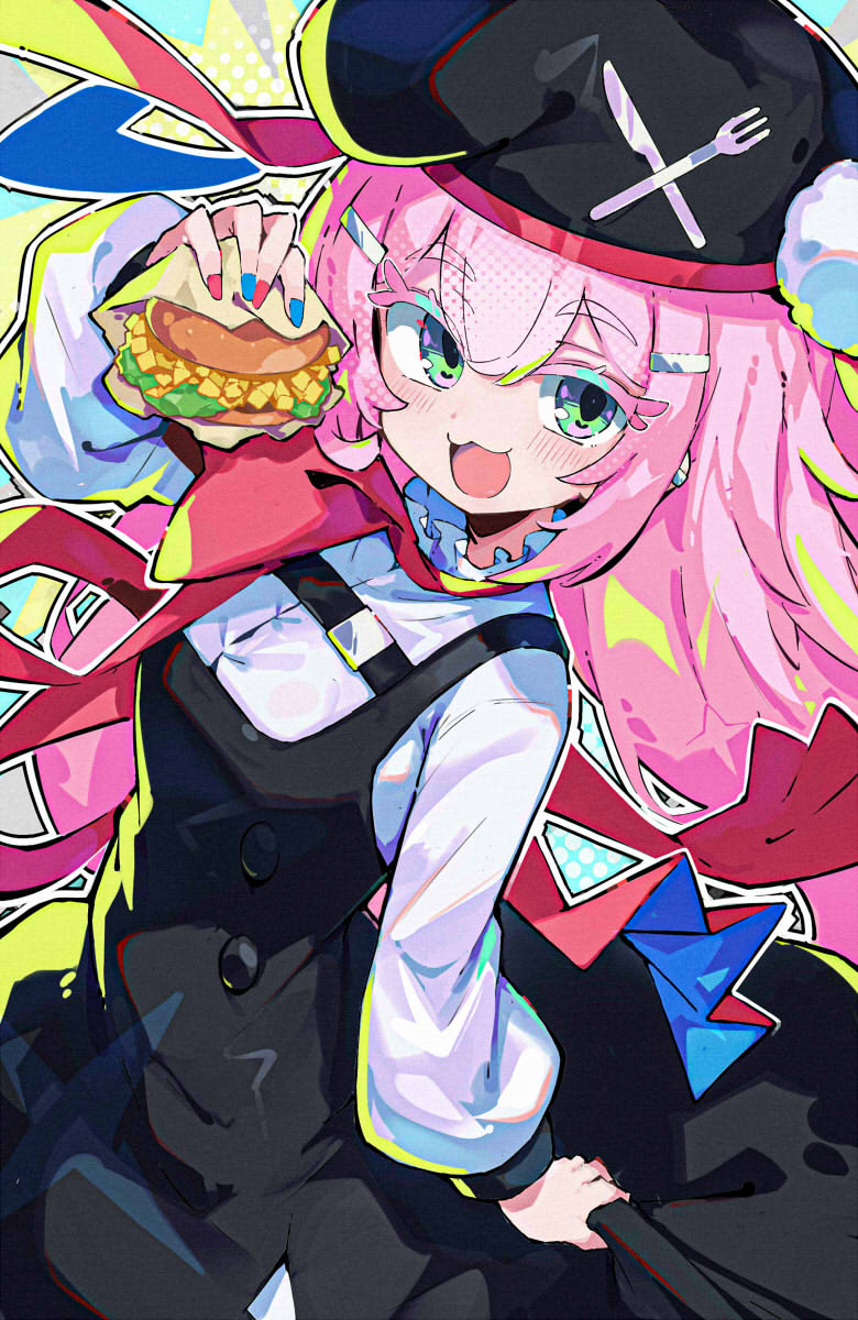 1girl, akujiki-san_no_gohan, black_dress, black_hat, blue_nails, burger, butter_knife, dress