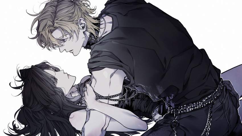 1boy, 1girl, black_collar, black_hair, black_pants, black_vest, blonde_hair, collar