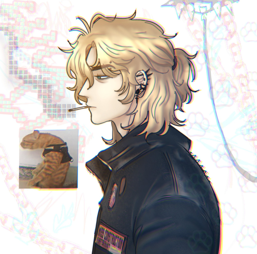 1boy, abstract_background, black_jacket, blonde_hair, cat, cigarette, degrees_of_lewdity, earrings, from_side, green_eyes, highres, jacket, jewelry, reference_inset, rusa_yippie, solo, upper_body, whitney_(degrees_of_lewdity), whitney_(male)_(degrees_of_lewdity)