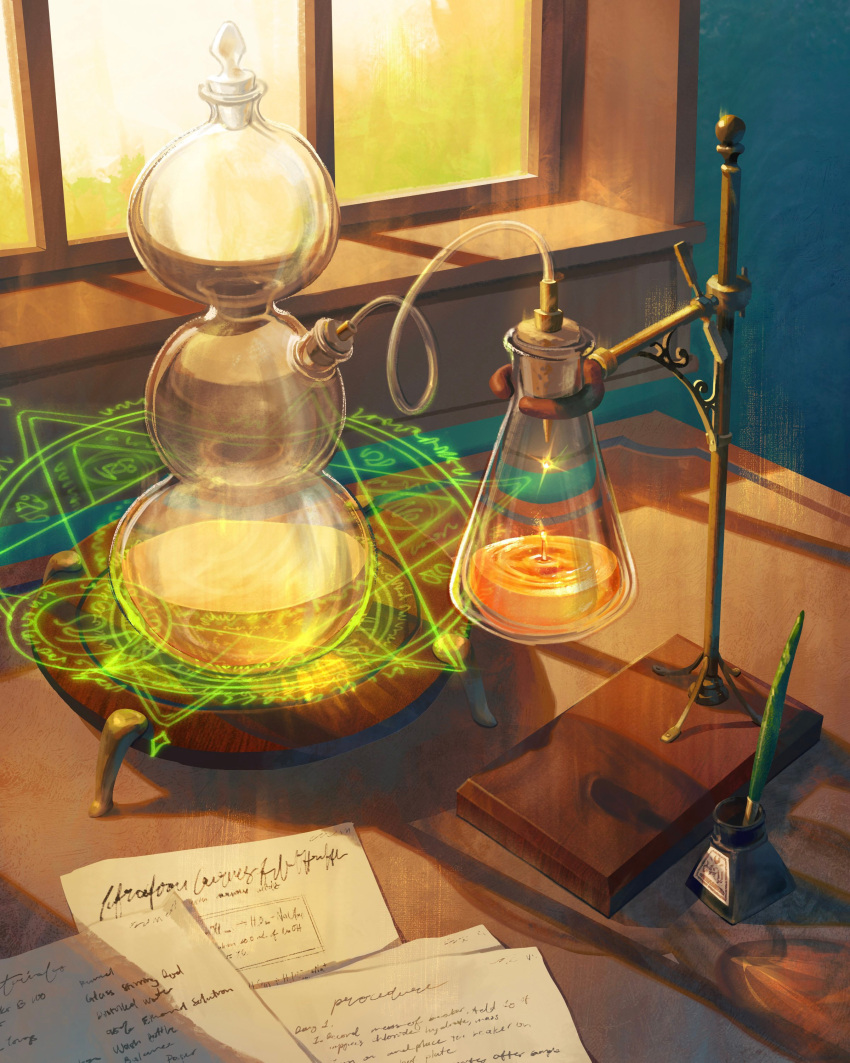 absurdres, alchemy, calligraphy_brush, chemistry, cork, erlenmeyer_flask, flask, glowing, highres, indoors, magic, magic_circle, no_humans, notes, original, paintbrush, paper, refraction, scenery, science, shannon_xie, sunlight, table, window