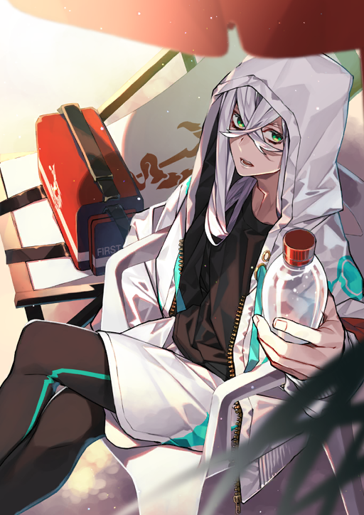 1boy, asclepius_(fate), asclepius_(summer_rescue)_(fate), beach, beach_chair, beach_umbrella, black_pantyhose, black_shirt