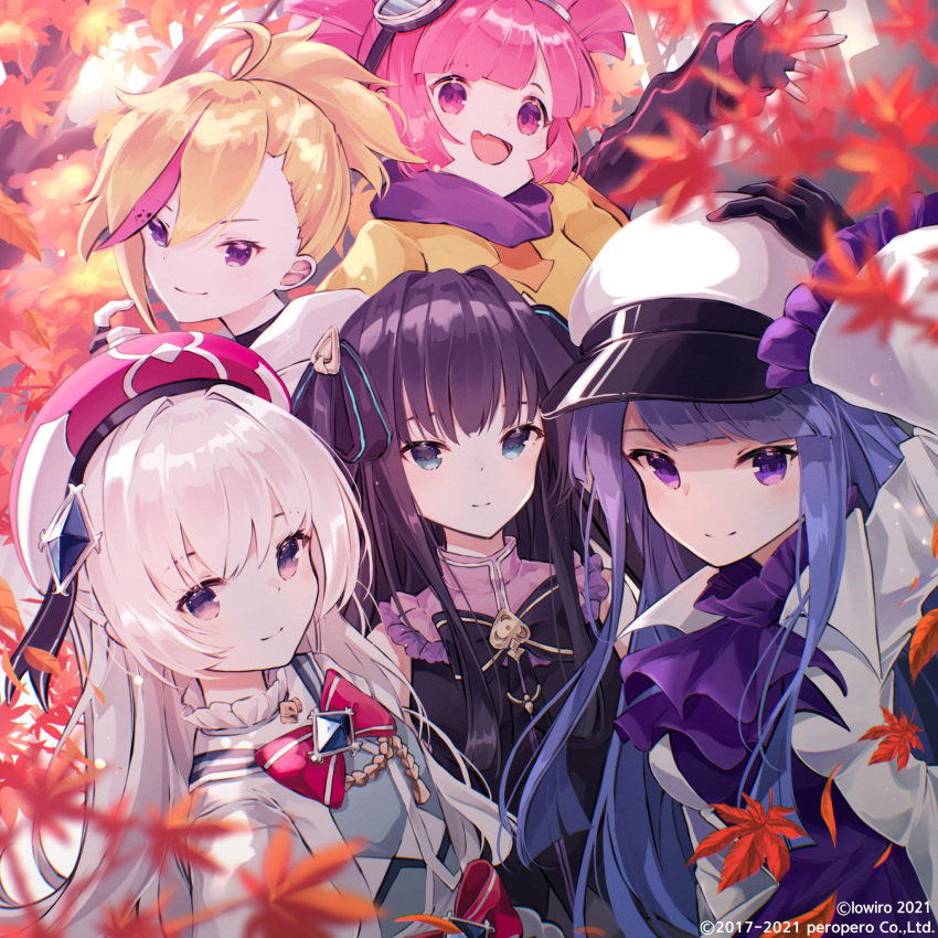 5girls, :d, ahoge, arcaea, ascot, asymmetrical_bangs, autumn_leaves, bare_shoulders