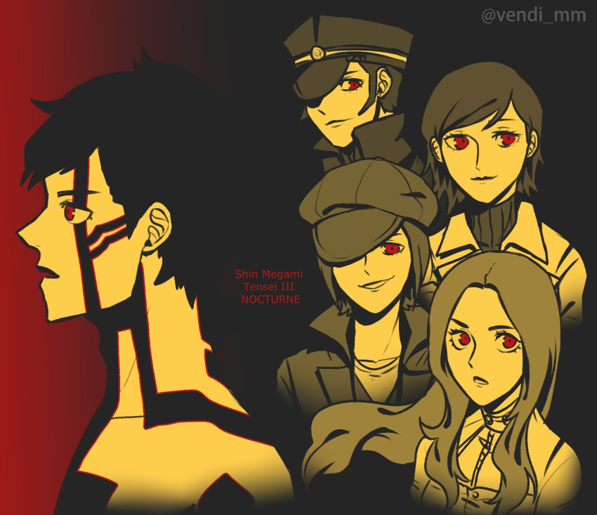 2girls, 3boys, black_background, body_markings, cabbie_hat, demi-fiend, devil_summoner:_raidou_kuzunoha_vs_the_soulless_army, devil_summoner_(series)
