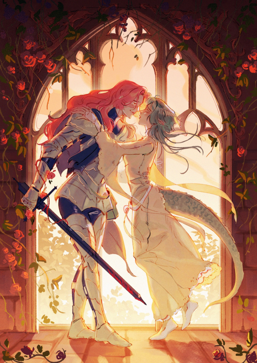 2girls, arch, armor, blue_hair, closed_mouth, commentary, dragon_girl, dragon_horns, dragon_tail, dress, english_commentary, flower, hand_on_another's_shoulder, hand_on_another's_waist, highres, holding, holding_sword, holding_weapon, horns, knight, long_hair, long_sleeves, looking_at_another, multiple_girls, onzze, original, parted_lips, pink_hair, red_flower, red_rose, rose, shoes, sword, tail, weapon, white_dress, white_shoes, yuri