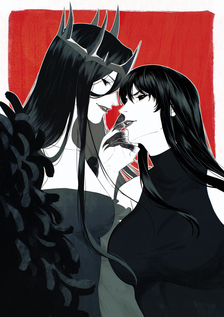 2girls, black_hair, black_nails, black_sclera, black_shirt, border, breasts, bright_pupils