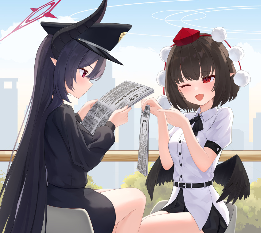 2girls, ;d, absurdres, arsenic_(dufw2887), belt, black_belt, black_bow, black_bowtie, black_hair, black_shirt, black_skirt, blue_archive, blurry, bow, bowtie, building, cameo, chiaki_(blue_archive), clouds, cloudy_sky, collared_shirt, commentary_request, crossover, demon_girl, demon_horns, depth_of_field, doodle_sensei_(blue_archive), hair_between_eyes, halo, hat, highres, holding, holding_newspaper, horns, long_hair, long_sleeves, looking_at_another, multiple_girls, newspaper, one_eye_closed, outdoors, peaked_cap, pencil_skirt, pleated_skirt, pointy_ears, pom_pom_(clothes), profile, reading, red_eyes, red_halo, sensei_(blue_archive), shameimaru_aya, shirt, short_hair, short_sleeves, sidelocks, sitting, skirt, sky, skyline, skyscraper, smile, tengu, tokin_hat, touhou, translation_request, tree, white_shirt