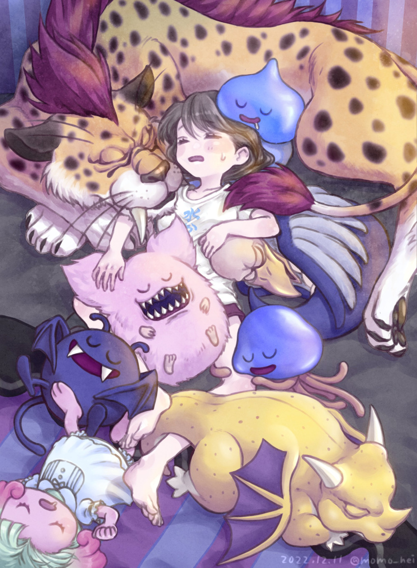 2022, 2girls, 6+others, absurdres, antennae, barefoot, brown_hair, chimaera_(dragon_quest)